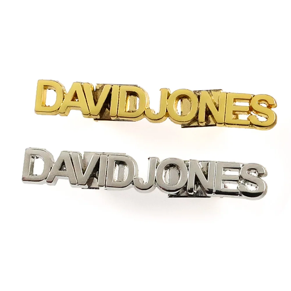 Personalized custom logo English Souvenir metal safety hollow out gold letter brooch pin branded badges for cloth