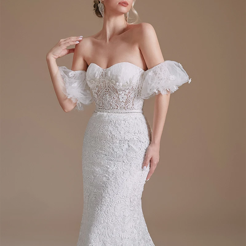 Simple Tube Top Dress Design White Long Sweet Lace Mermaid Wedding Party Bridal Dress