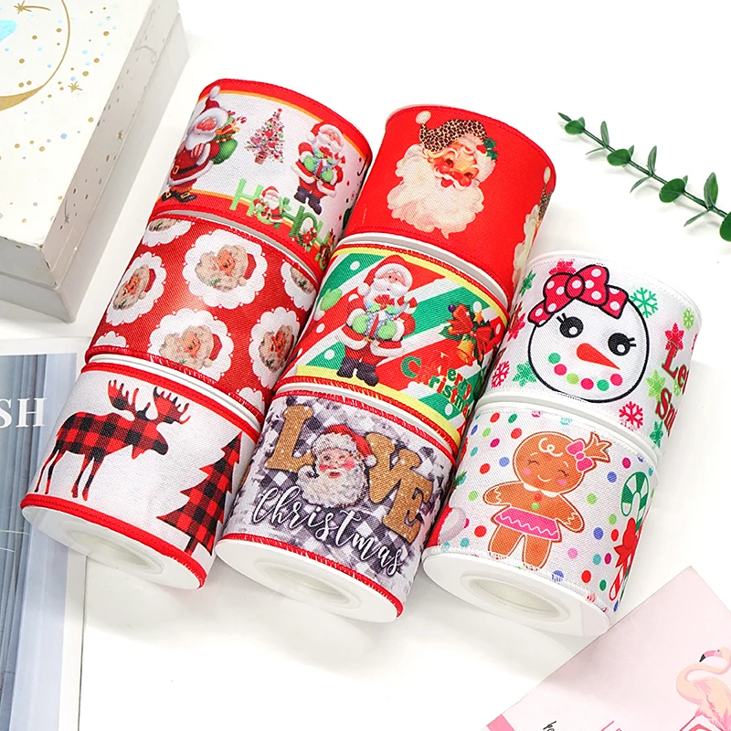 Wired Edge Merry Christmas Grosgrain Ribbon Custom Logo Gift Box Packing 63mm 10 yard