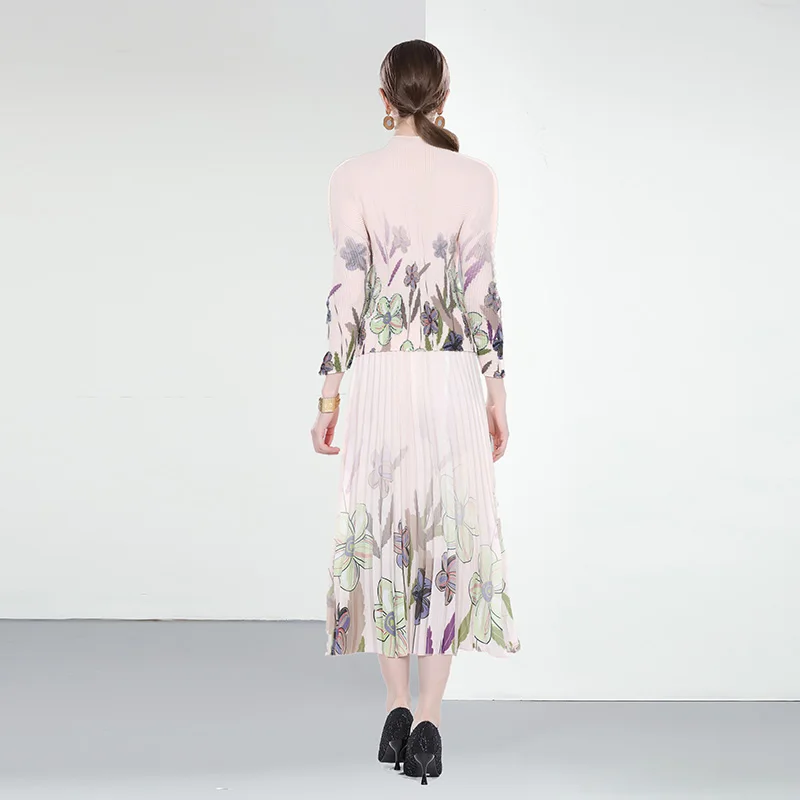 women clothing dress Miyake Pleated Print Ladies Blouse Set Pearl chiffon Pleated Skirt Two Piece Set