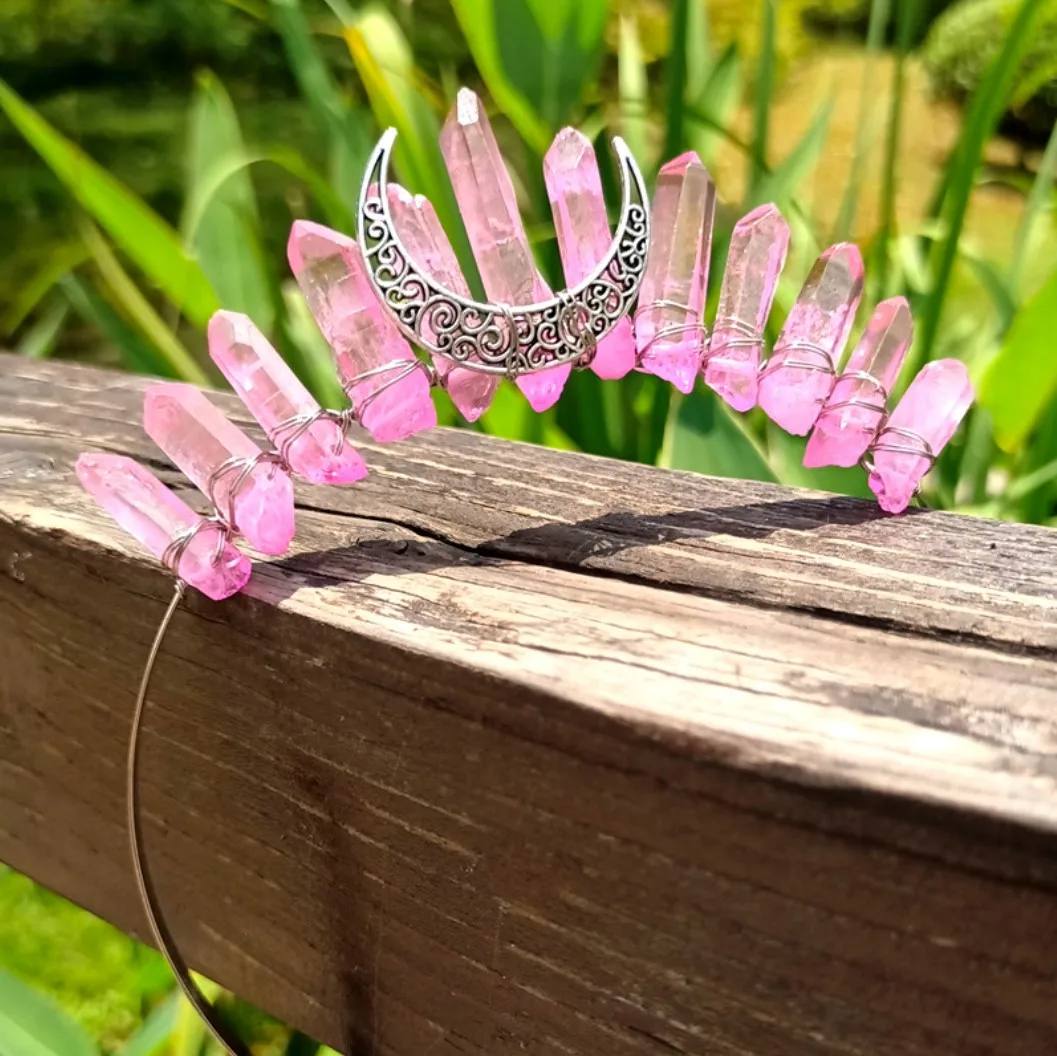 Handmade Natural Crystal Stone Crown Moon Hair Hoop Headband