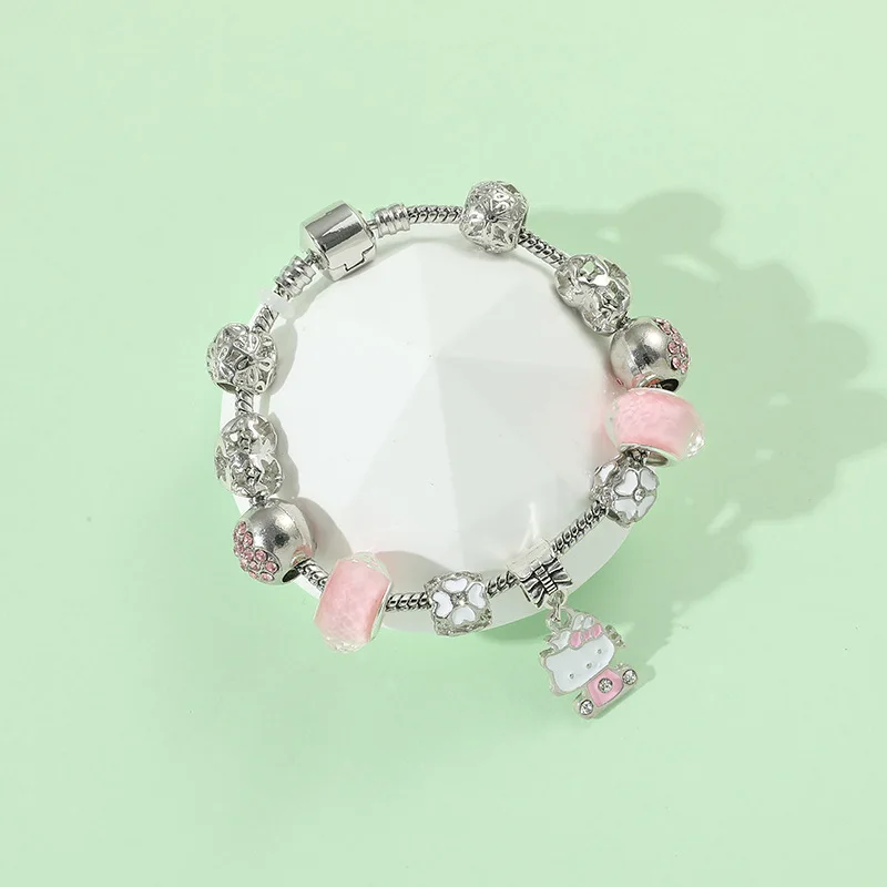 Wholesale 925 Silver Plated Snake Chain Fashion accessories Crystal Rhinestone Beads Charms Hello kitty Bracelets For Women
