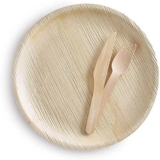 Biodegradable Areca palm leaf wooden bamboo plate, round palm leaf plates with cutlery