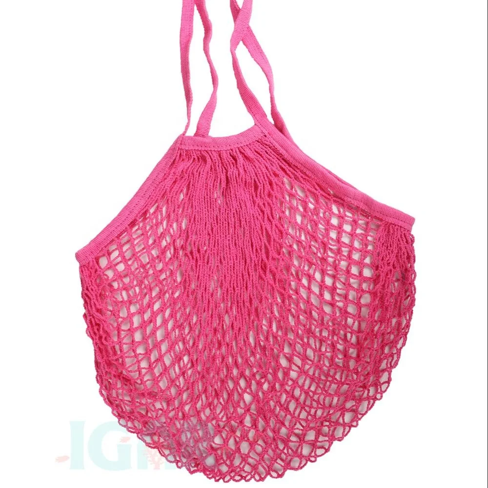 Net Shopping Tote with Long Handles Washable Mesh Bags Reusable Mesh Cotton Shopping Tote Handbags Portable Cotton Mesh String