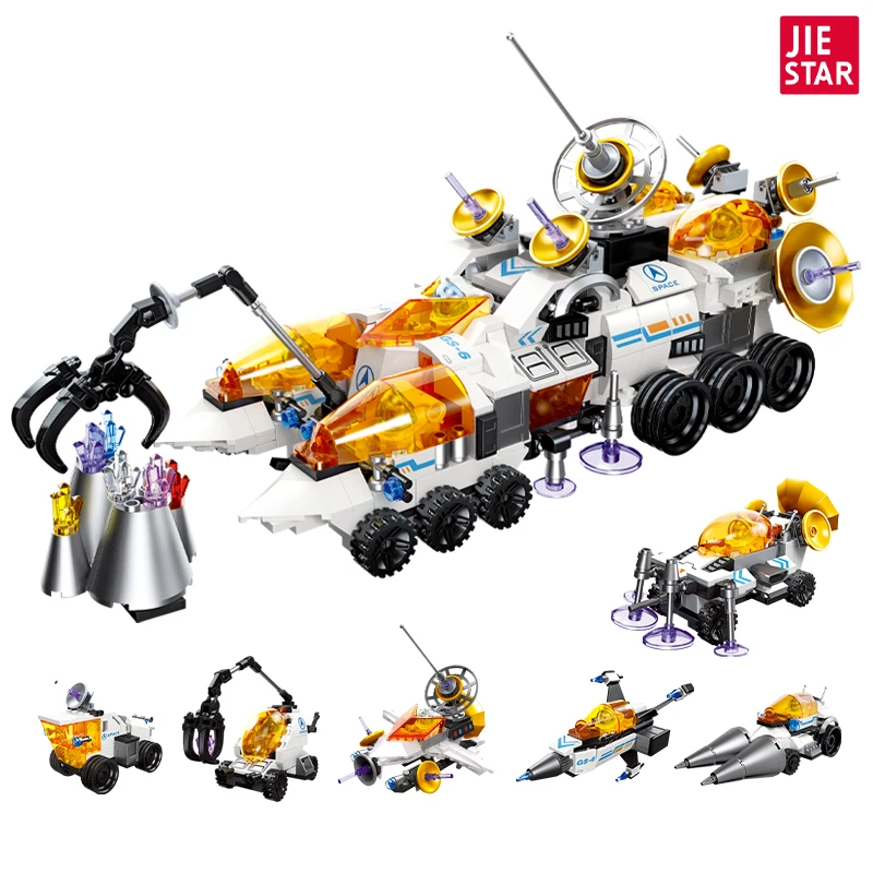 JIESTAR 607 pcs 6 in 1 lunar roving vehicle model building block kit children stem educational science toy kids diy space toy