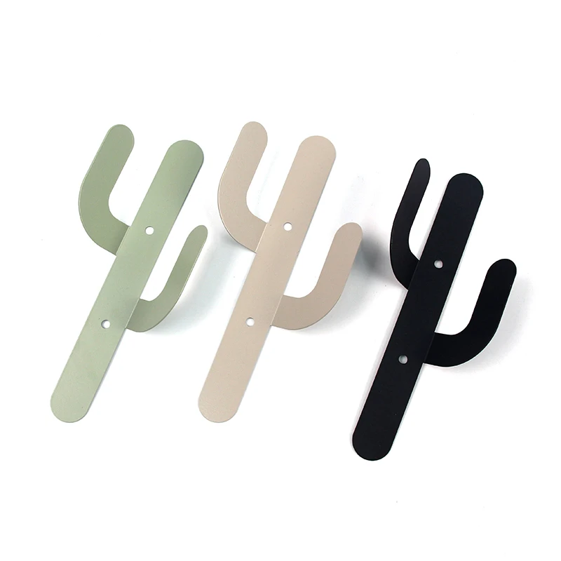Set of 3 Iron Cactus Double Wall Mounted Hooks Hangers Bathroom Decorative Metal Hooks for Coats and Bags