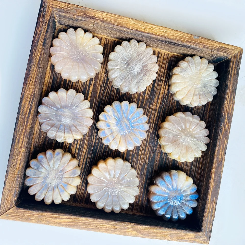 New arrival natural high quality moonstone hand carved moonstone blue flash sunflower carvings for home decoration