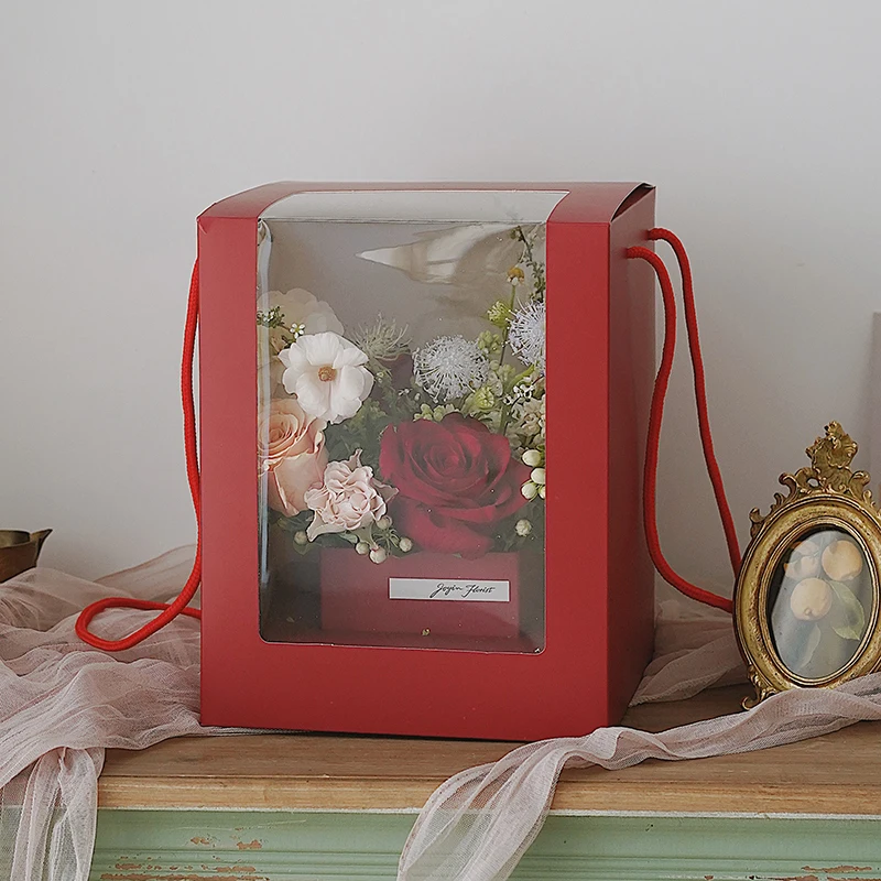 Hot sale clear box flower packaging cardboard boxes window gift boxes with handles