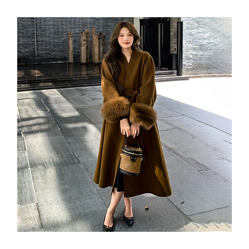 Popular Luxury Real Fox Fur Cuff Luxury Extra Long Coat Women Wool Cashmere Winter Wool Coats Ladies Cashmere Coat with Fox Fur