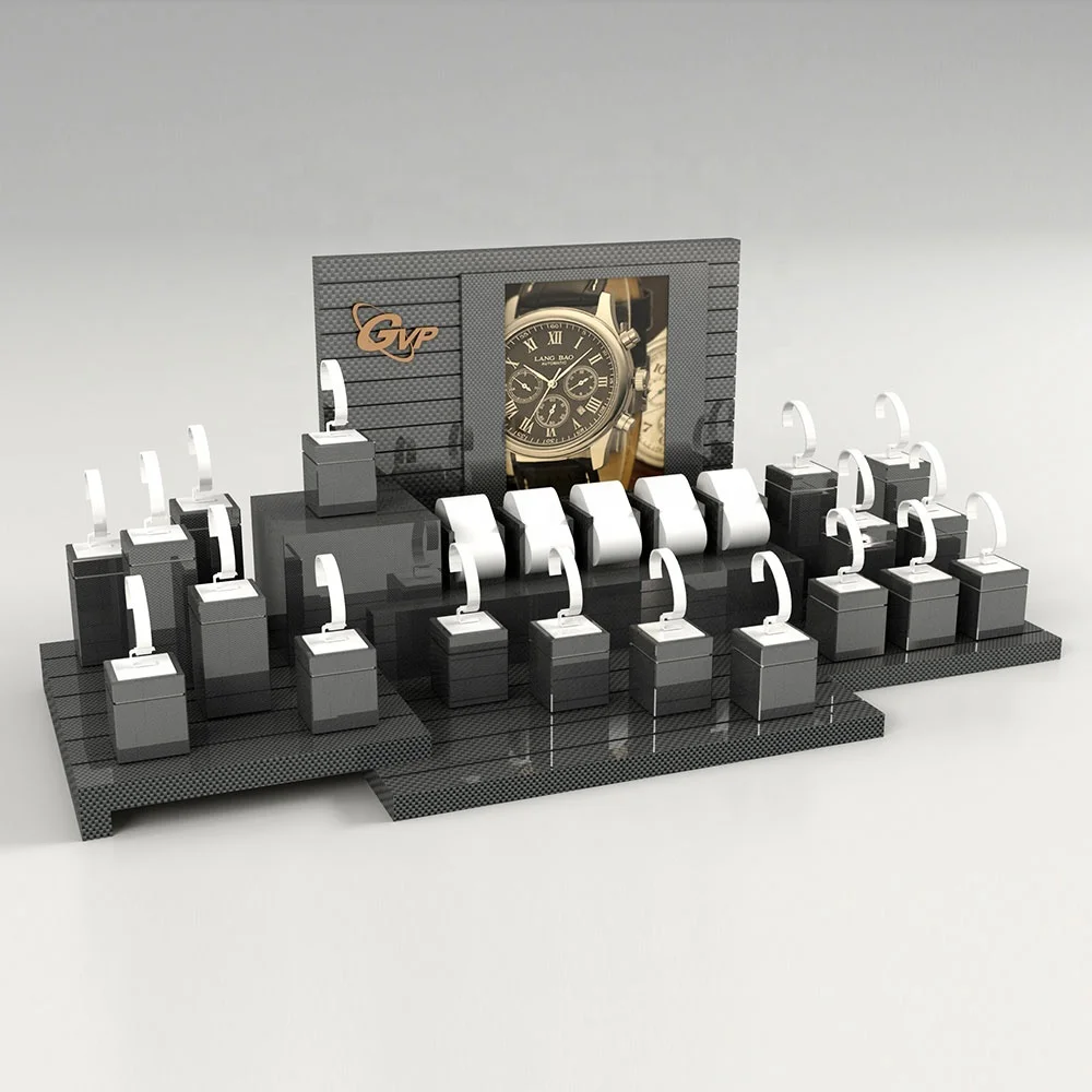 Custom Unique Watch Stand Display Elegant  Watch Organizer Acrylic C- ring Wood Tray set Exhibitor For Cabinets Window