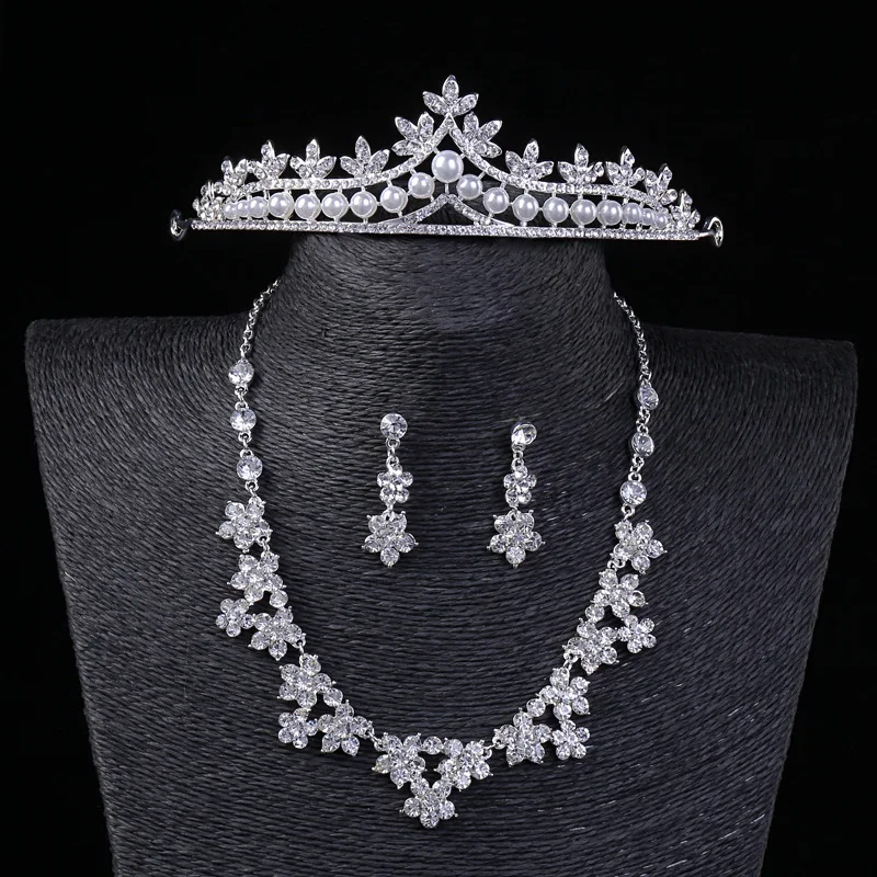 ZHG1005 Hot Selling Fashion Bridal Pearls Crown Necklace Earrings Set Princess Tiaras Crown Wedding Head Jewelry