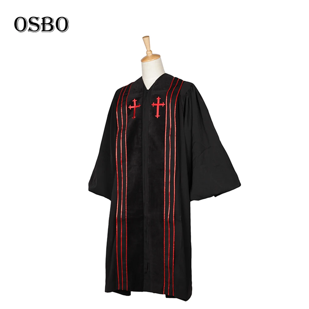 Bishop Clergy Robes, Black Robe, Red Trim Red Embroidery Cross