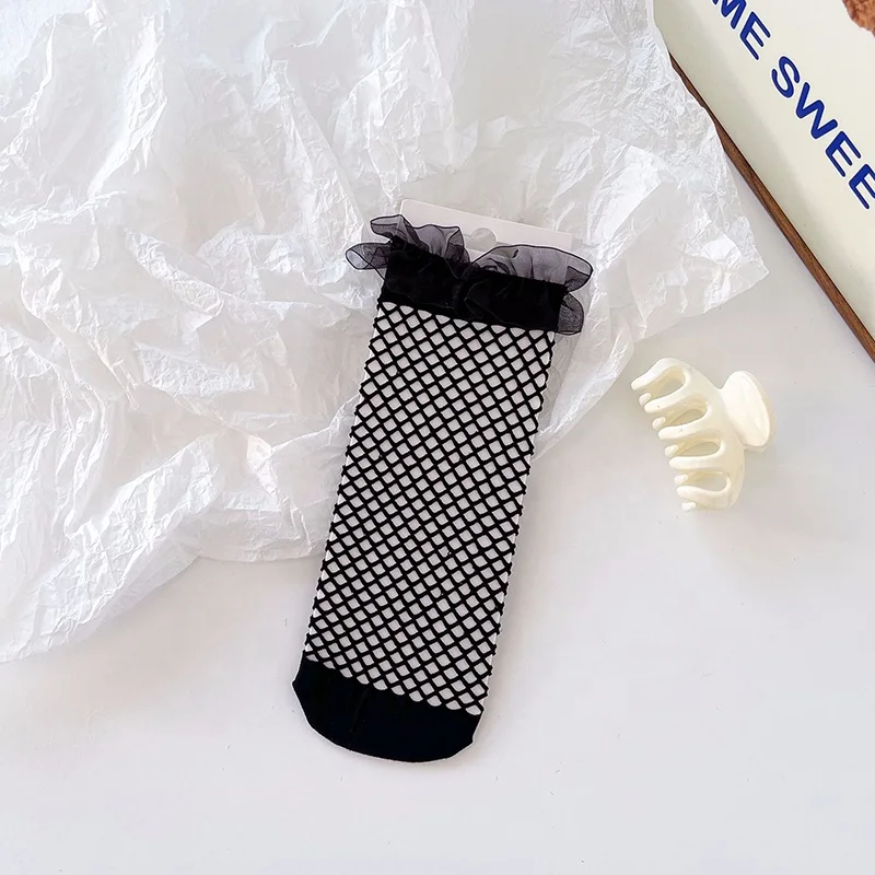 Wholesale White Black Lace Frilly Fishnet Bow Socks Summer Thin Mesh Fish Net Socks For Women