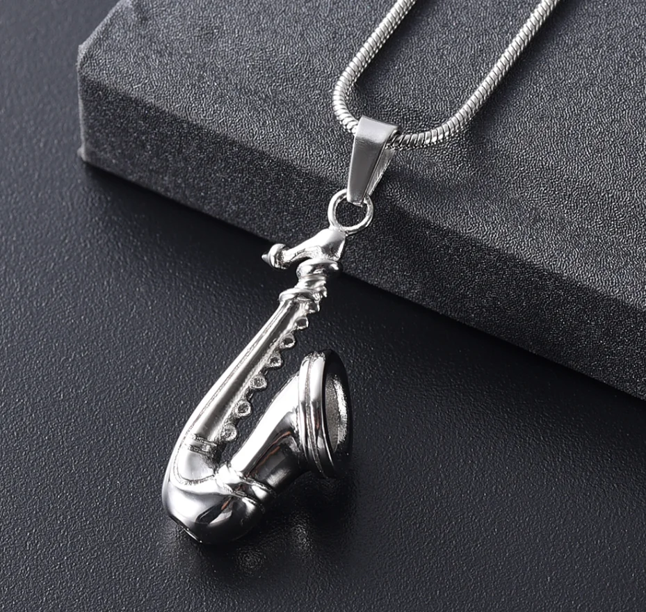 Stainless Steel Saxophone Pendant Necklace Urn Necklace For Human Ashes Music Cremation Jewelry Locket Keepsake For Women Men