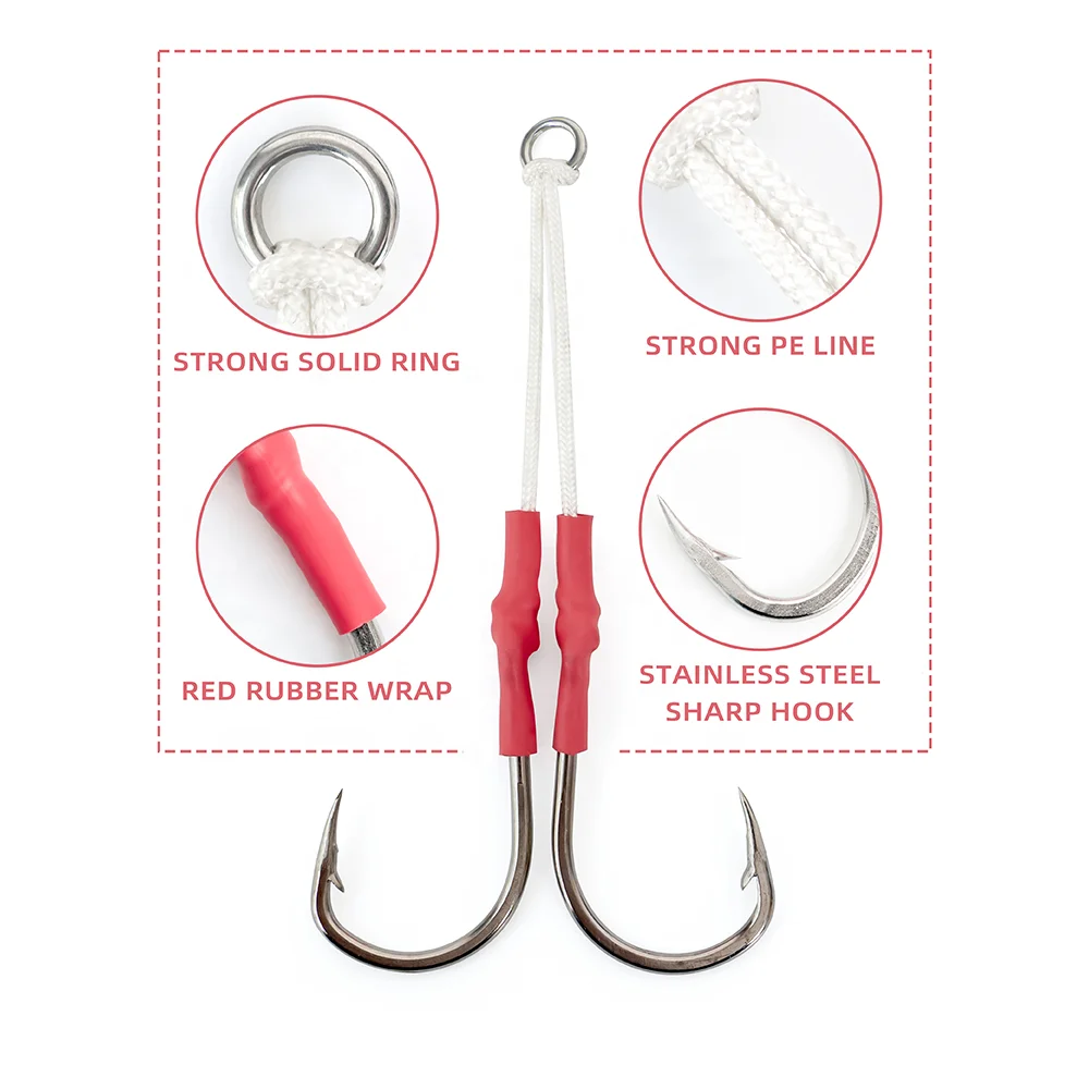 2/0-10/0 Jigging Fishing Assist Hooks Twin Assist Fishing Hooks with Dyneema