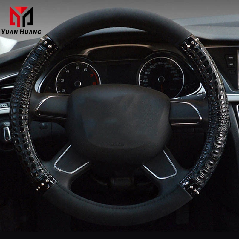 Crocodile Pattern Microfiber Leather Steering Wheel Cover Four Seasons Universal 15 Inch Car Handle Cover