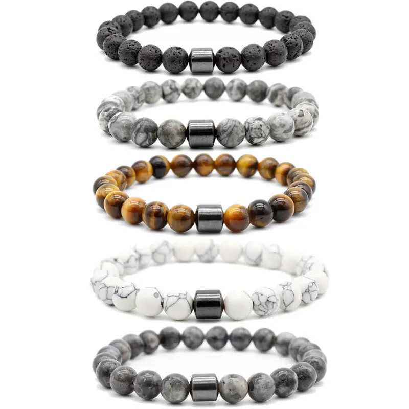Wholesale Handmade Natural Stone Magnetic Therapy 8mm Magnetic Hematite Lava Tiger eye Howlite Onyx Men Women Elastic Bracelet
