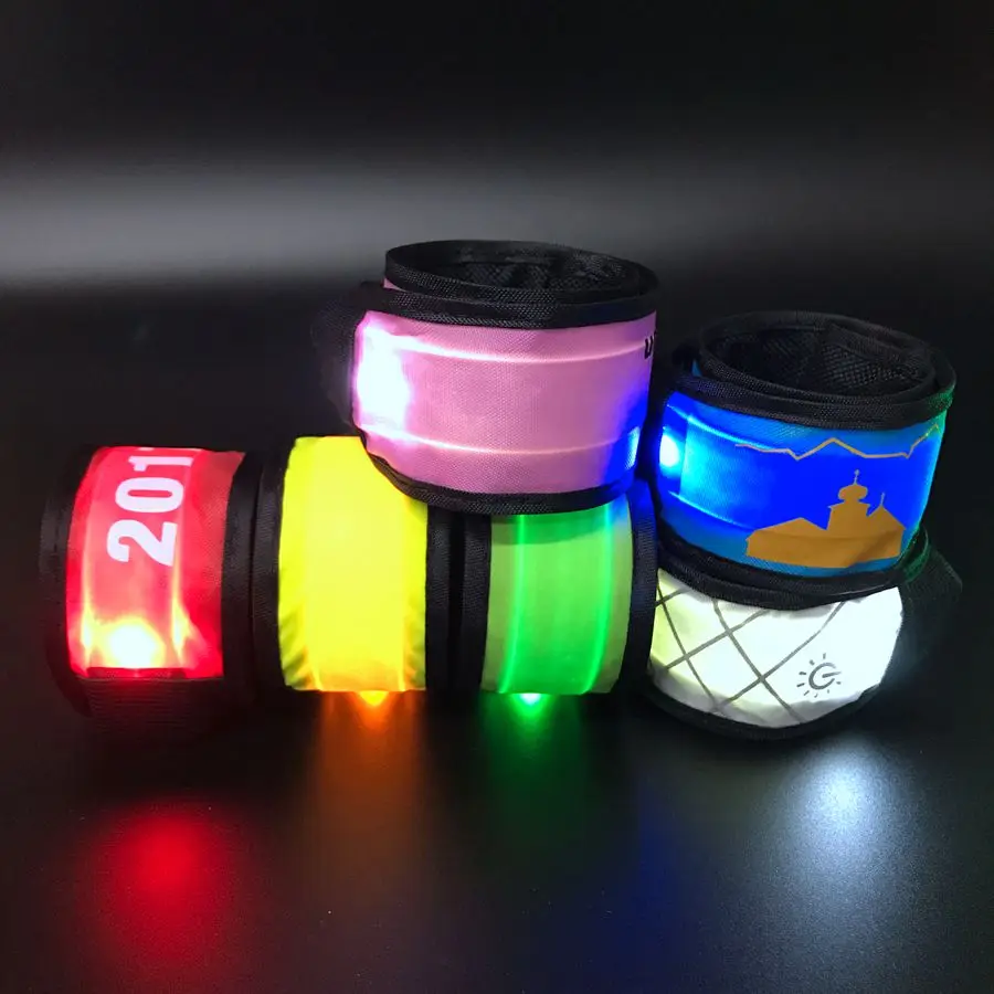 Outdoor supplies custom LOGO safety armband nylon glowing hand band LED slap bracelets for sports party