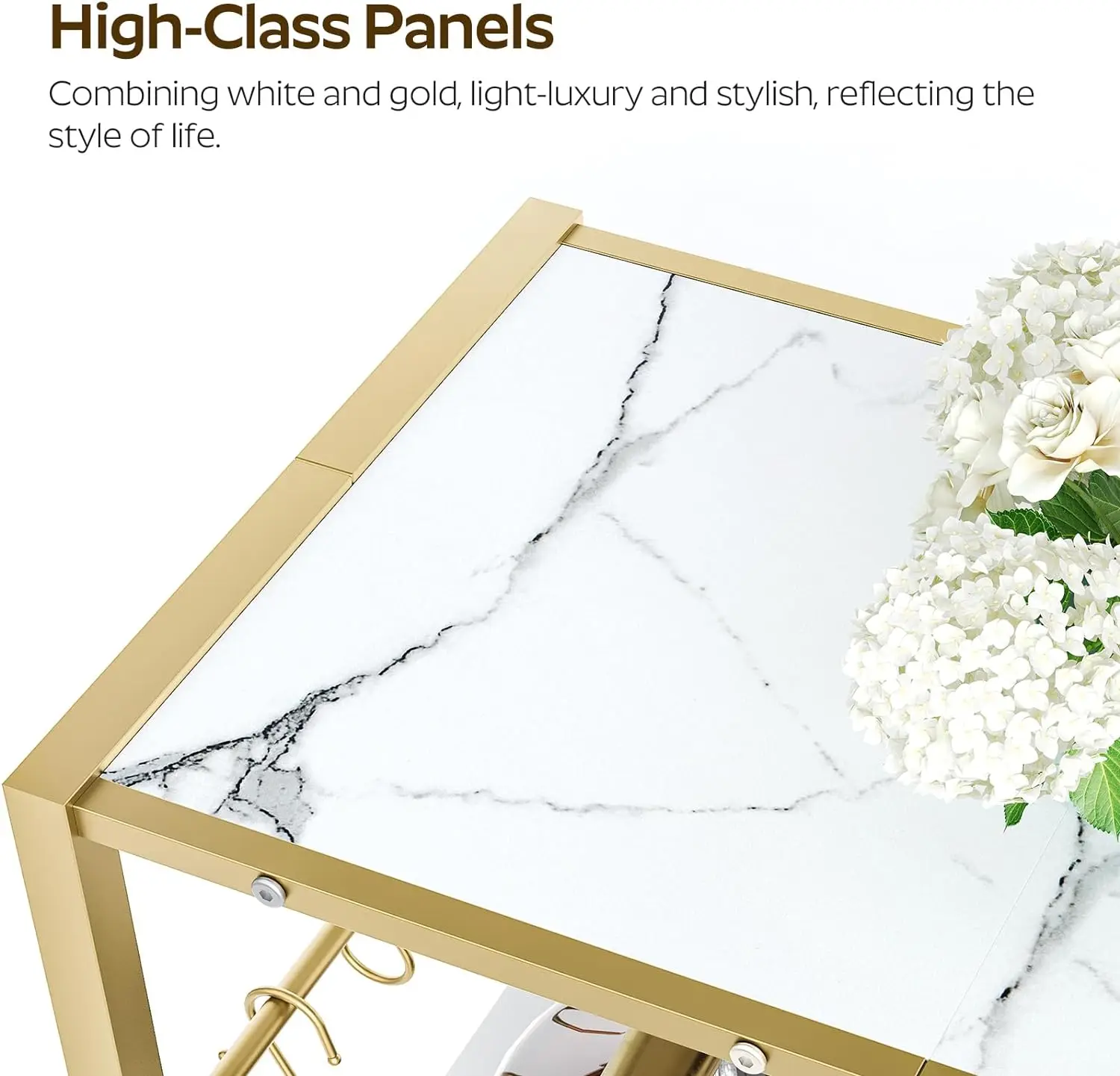 Bar Cart Gold, 3-Tier Serving Cart, Kitchen Cart Mobile Microwave Cart with 6 Hooks Beverage Cart