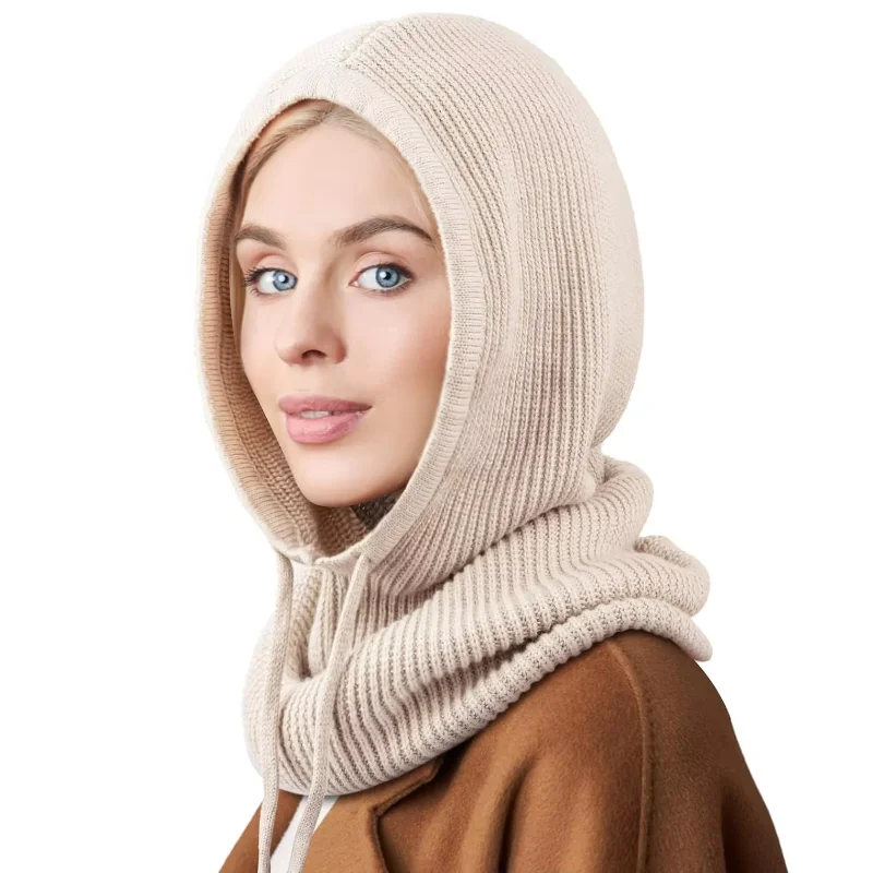Winter Warm Hooded Scarf Hat Skull Cap Balaclava Knit Beanie Hat with Adjustable Drawstring
