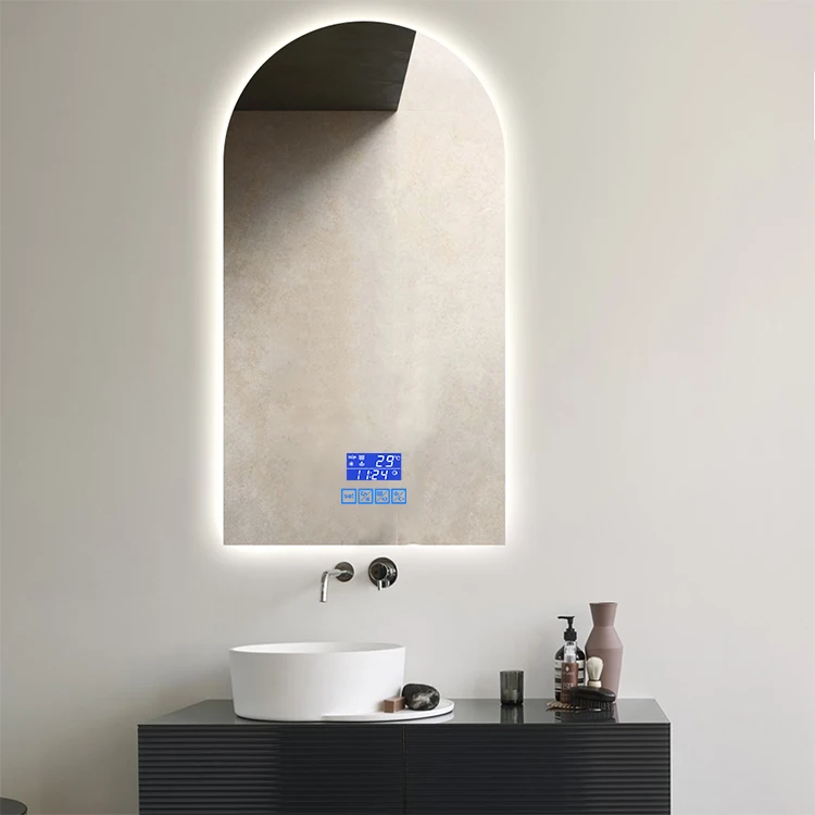 Design Arch Door Mirror with Led Light Bathroom Decorative Wall Mirror Time Demister