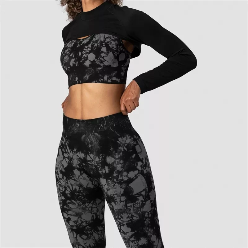 New Fall Butt Lift Brown Long Sleeve Tie Dye Women 3 Piece Sports Workout Running Yoga Legging Athletic Gym Fitness Sets