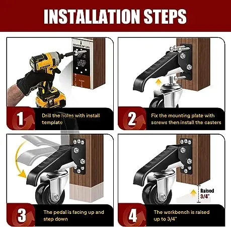 Workbench Caster Retractable Casters Side Mount Wheel Adjustable Table Step-Down Furniture Wheels for Workbenches Machine Tables