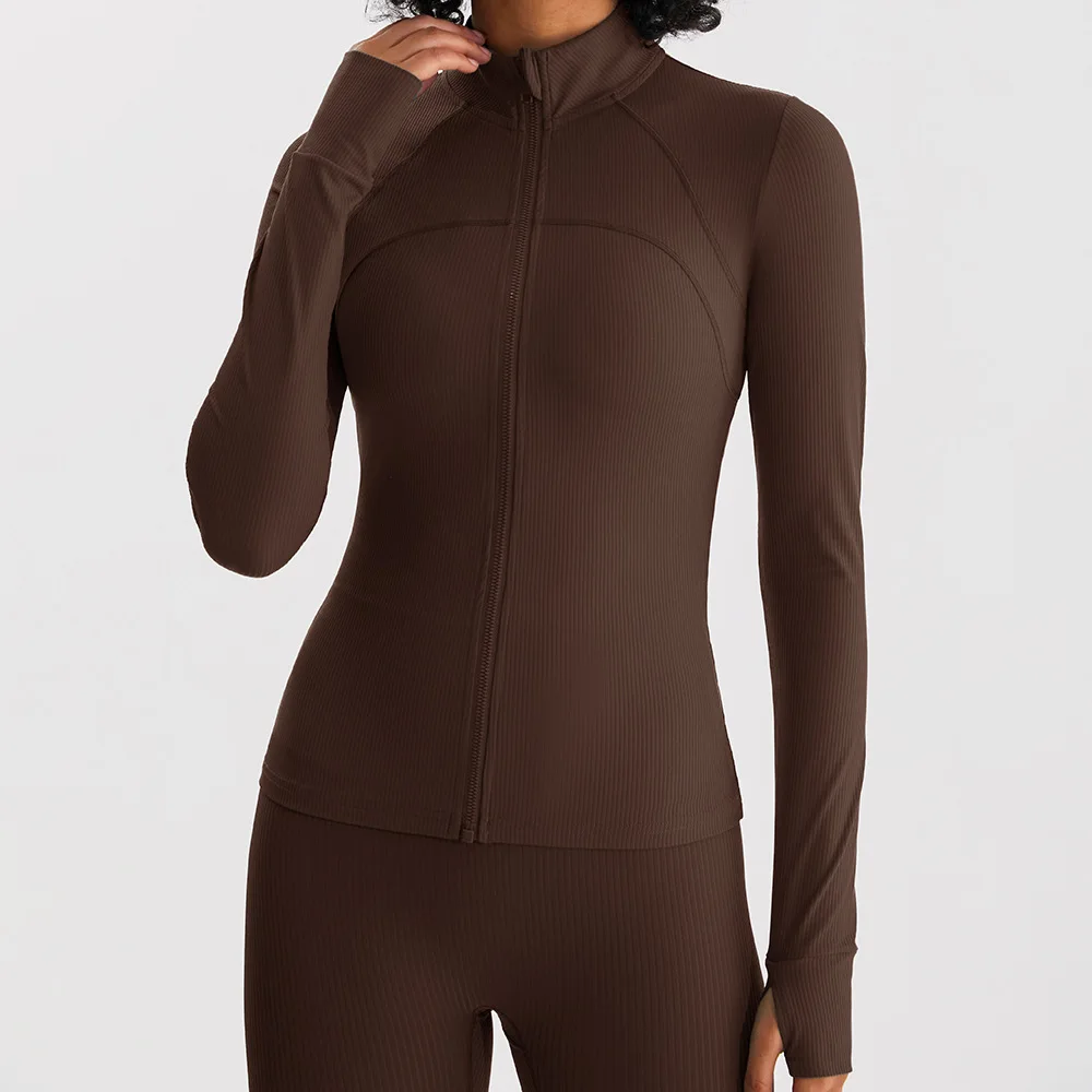 Yoga suit outerwear quick drying and sweat absorption running ribbed sports top tight standing collar fitness suit