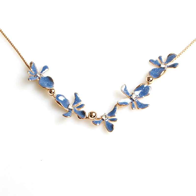 V&R Joyeria China Costume Jewelry Rounded Box 18k Gold Plated Chain Blue Epoxy Glitter Powder And Rhinestone Flower Necklace