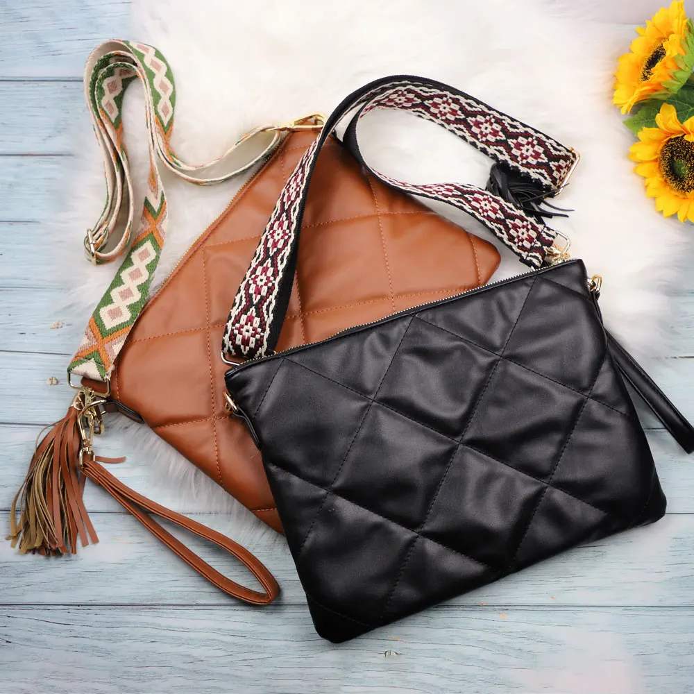 Hot Sale Fashion Rhombus Pattern Women Tassel Clutch Purse Vegan Leather Shoulder Crossbody Bag With Adjustable Guitar Strap