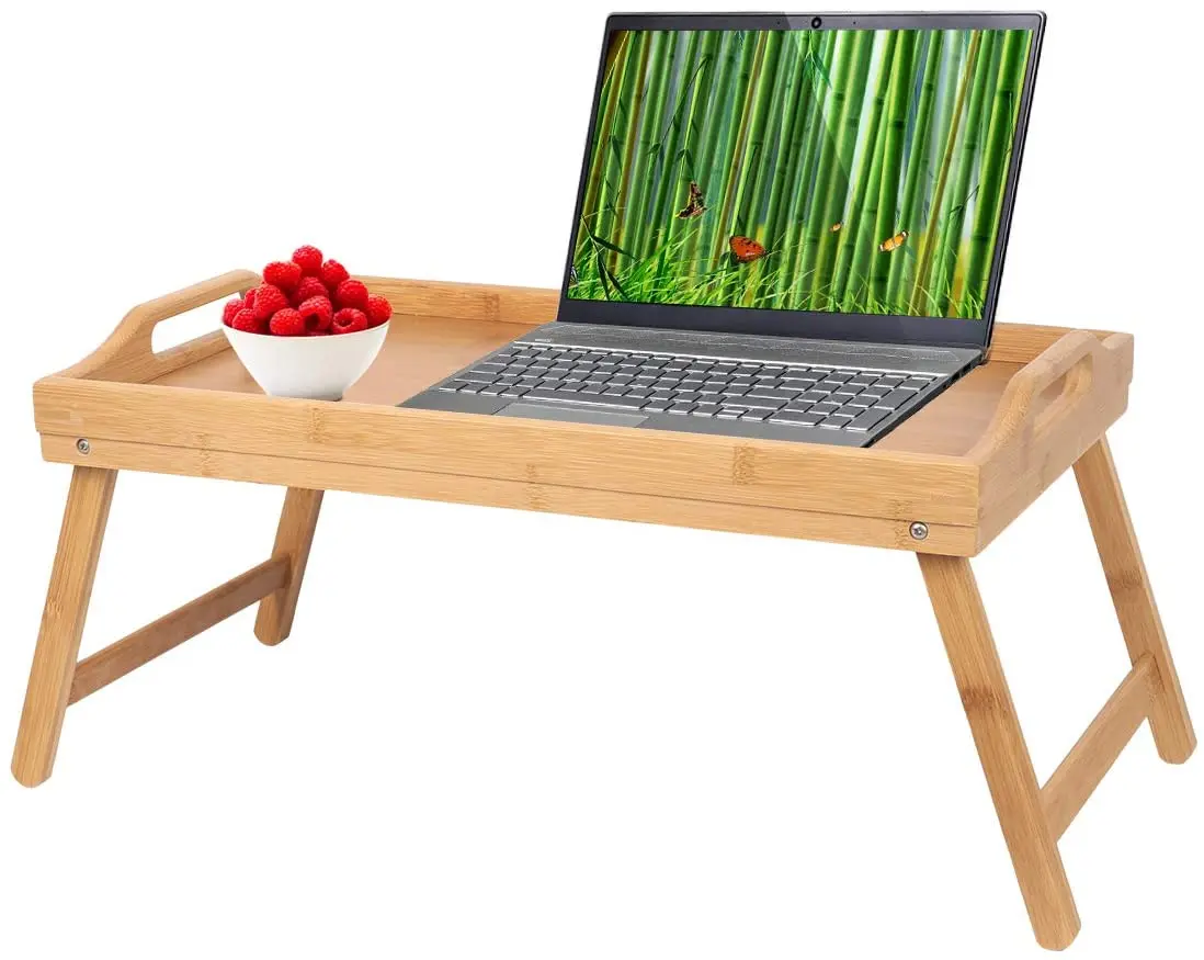 Breakfast Tray Table with Handles Folding Legs Bed Tray Bamboo TV Laptop Computer Platters Decoration Serving Tray Wood Kitchen