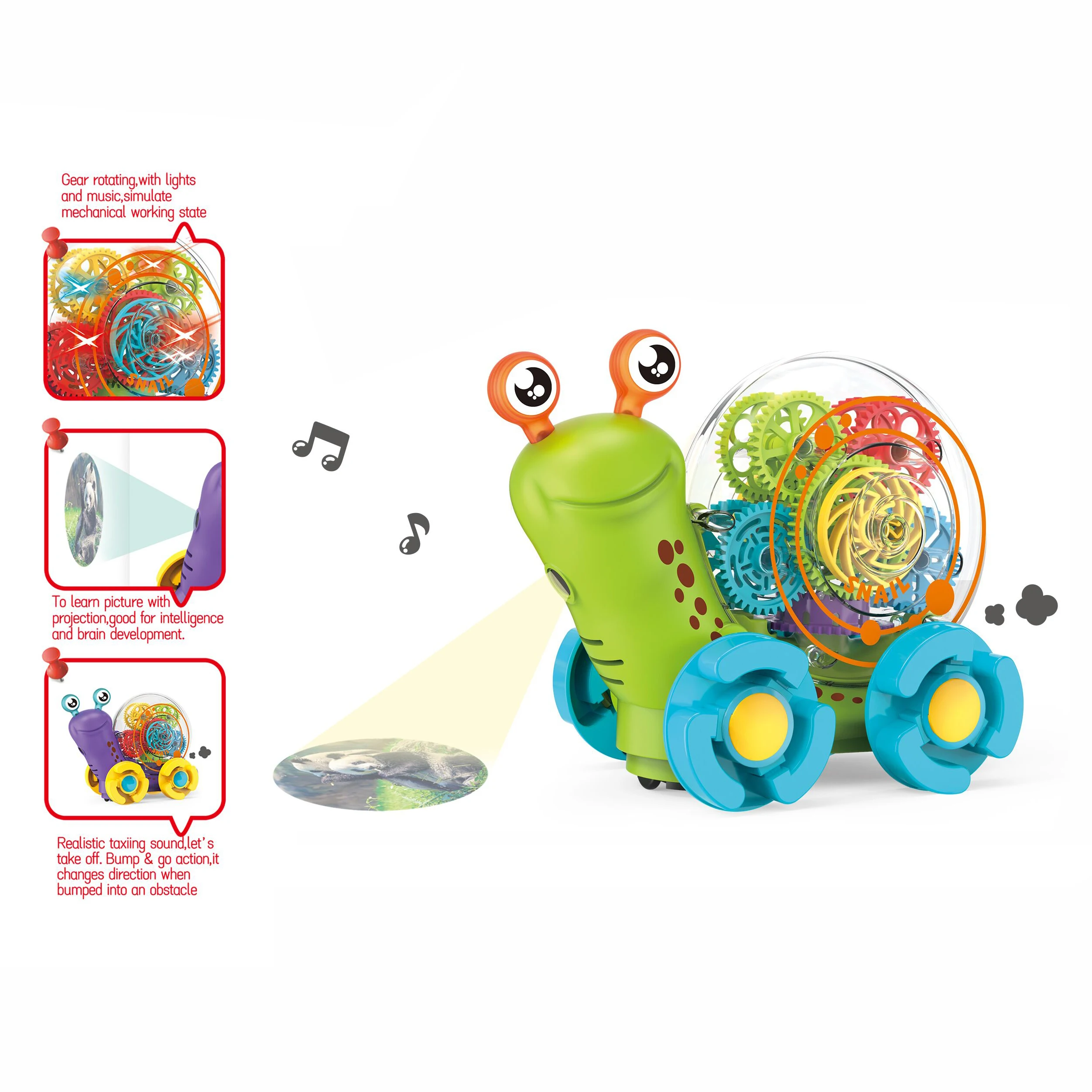 Baby music flashing light gear snail toy electric crawling projection small car rotating gear snail toy