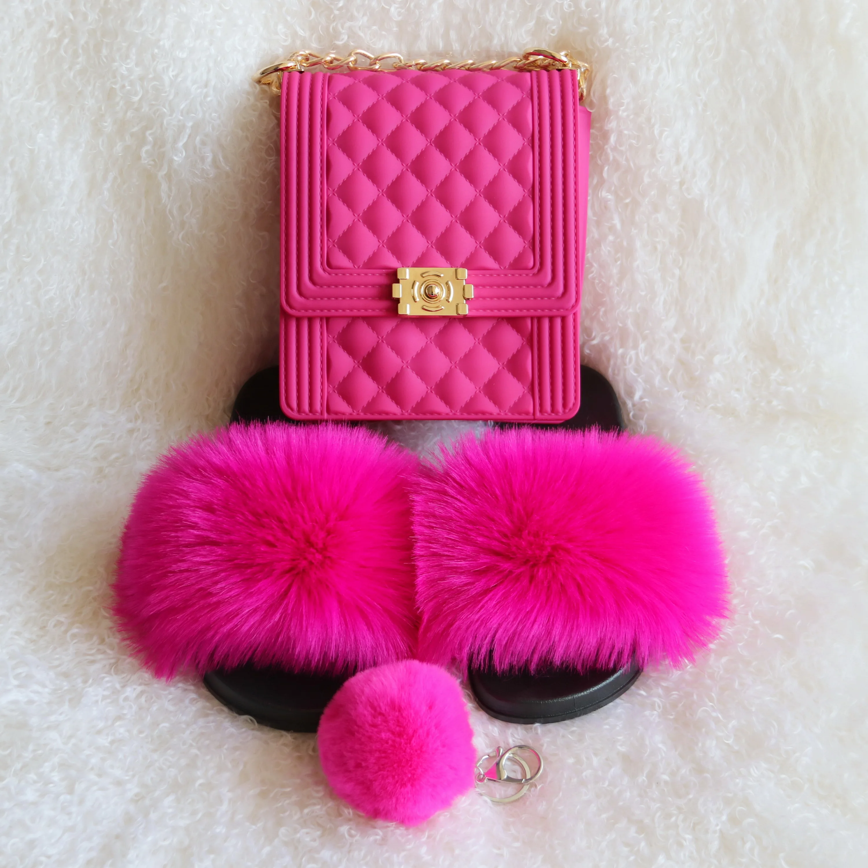 hot pink color jelly purse and fur slides sets