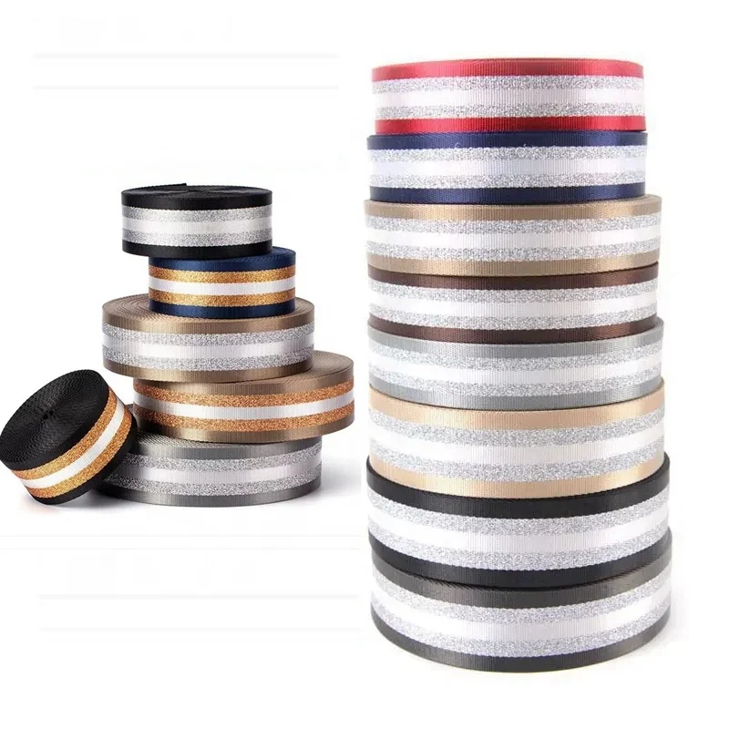 Factory Wholesale Stripe Color 38mm 50mm Gold Silver Glitter Luggage Belt Roll Metallic Nylon Ribbon Webbing for Bag Strap