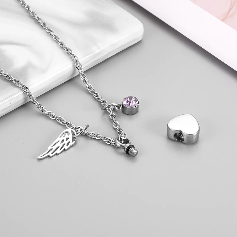 
Birthstone Angel Wing Cremation Jewelry Mini Heart Necklace Pendant 