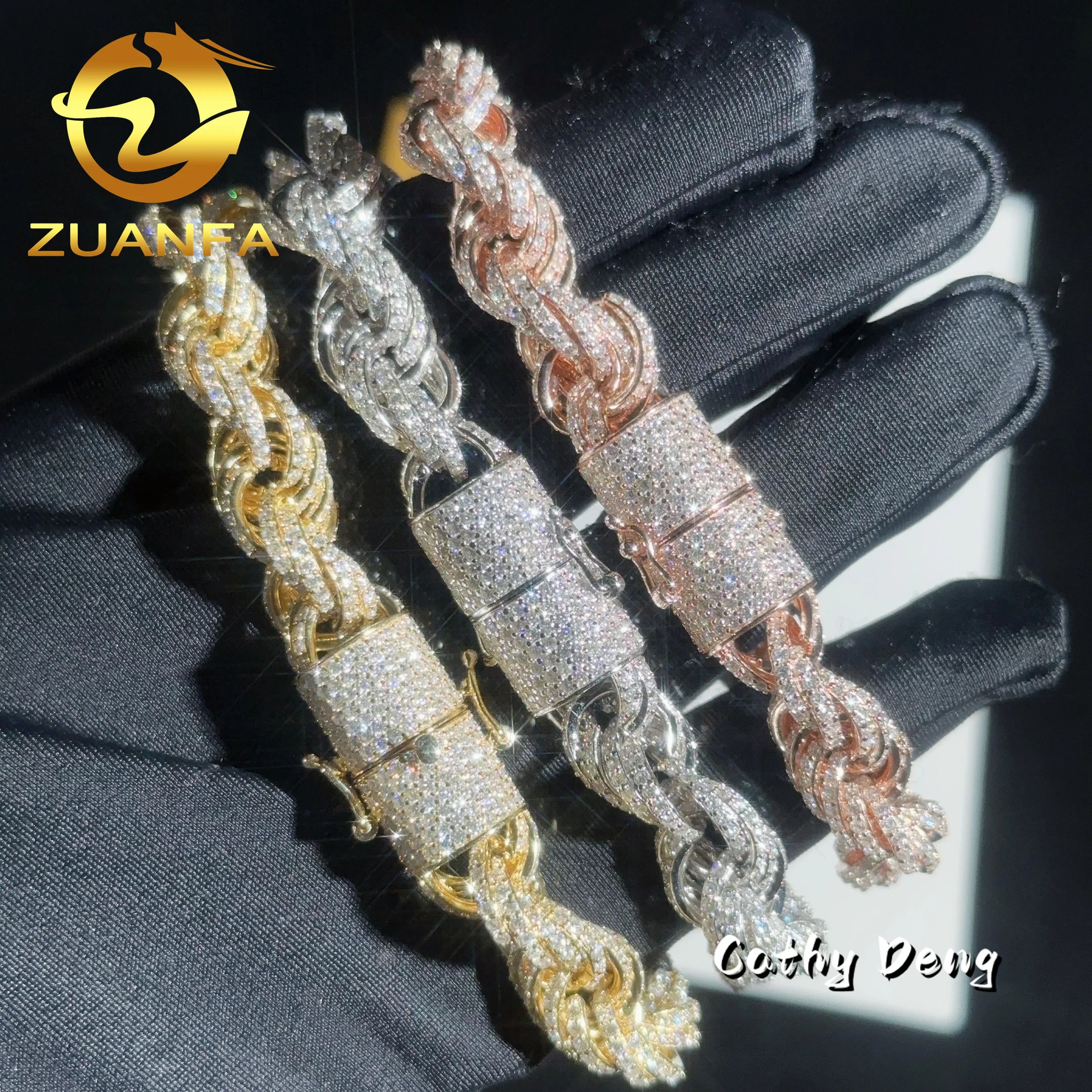 10MM 3 Color Twist Silver Rope Chain Fully Iced out Moissanite Diamond Link Bracelet Hip hop Jewelry Men Necklace Chain