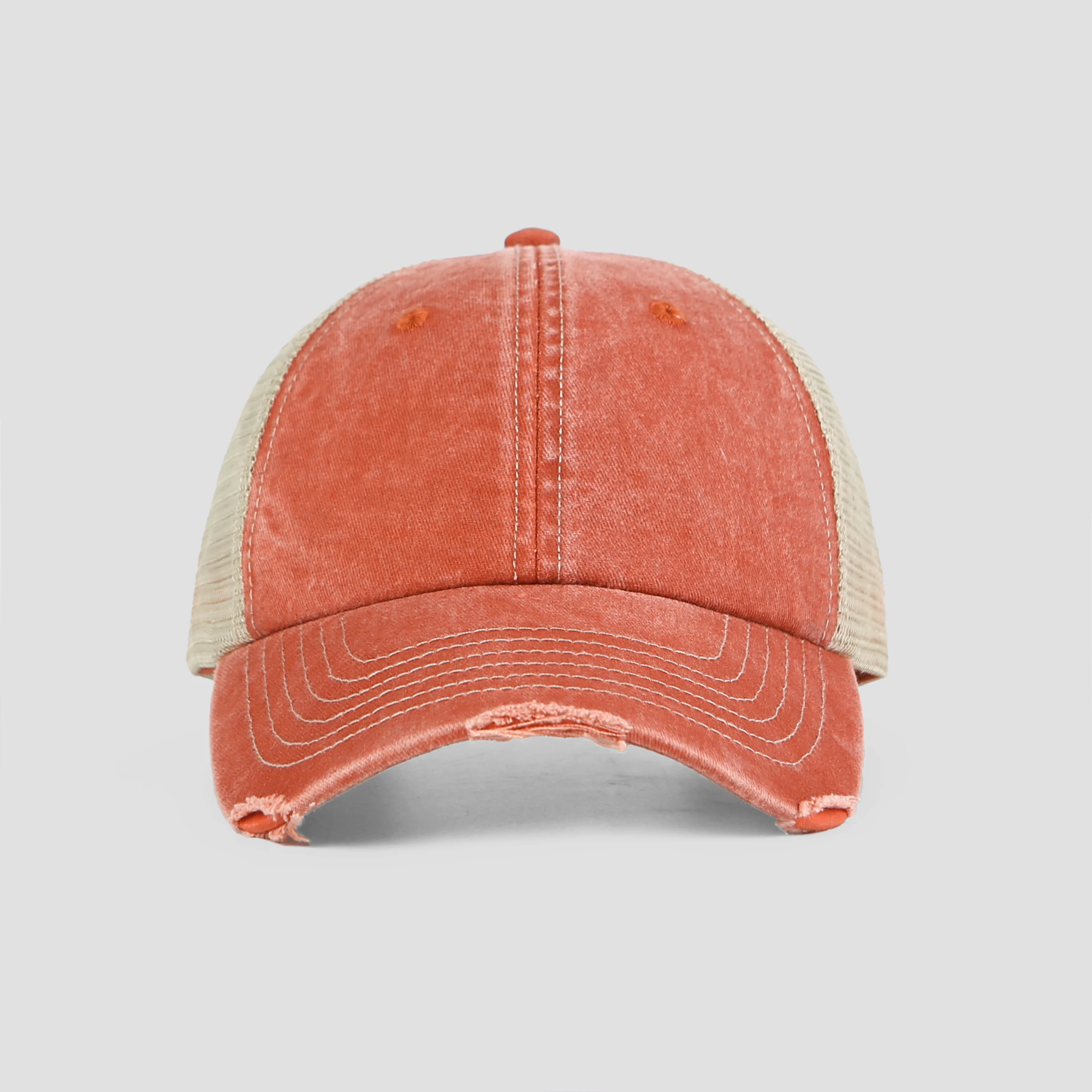 Wholesale 6 panel sanding washed blank trucker hat curved visor distressed vintage mesh sport cap