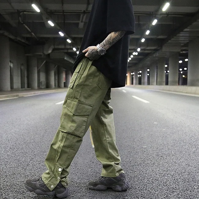 
stock multi pockets washed distressed trousers men plain color elastic drawstring cargo pants side button casual wear custom 