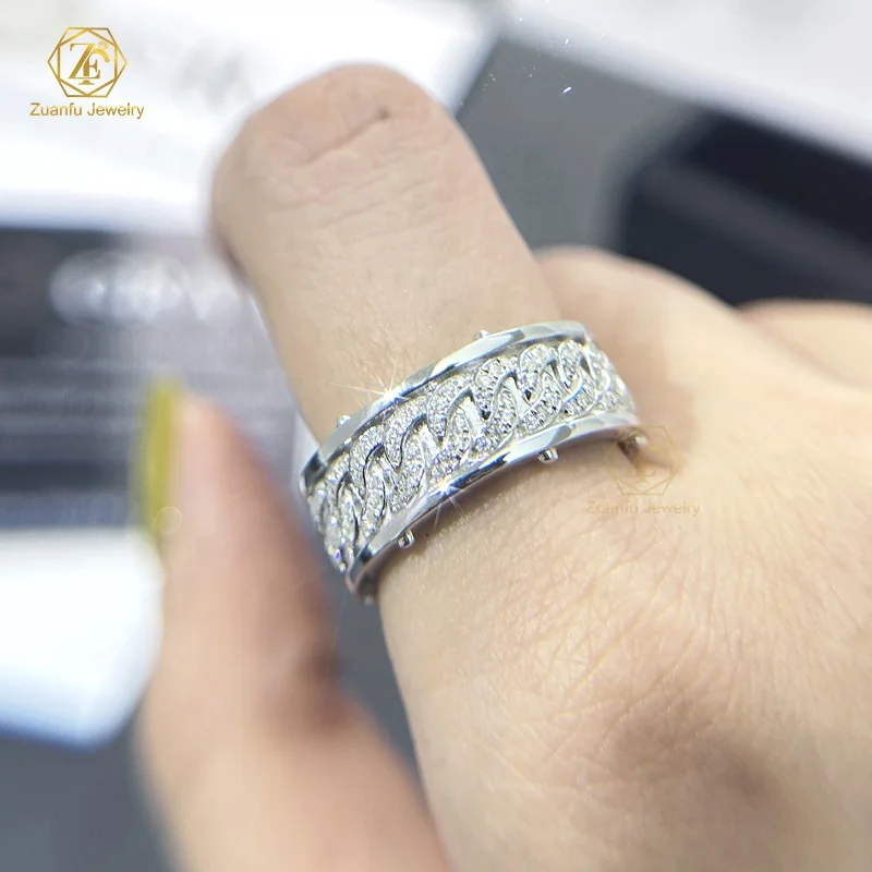 Factory Price White Gold Plated 925 Sterling Silver VVS Moissanite Diamond 8MM Cuban Link Chain Band Ring For Men