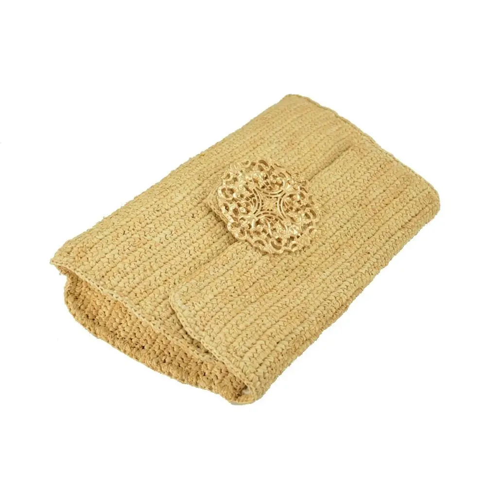 New design metal ring trimmed handmade crocheted natural raffia straw clutch for the summer