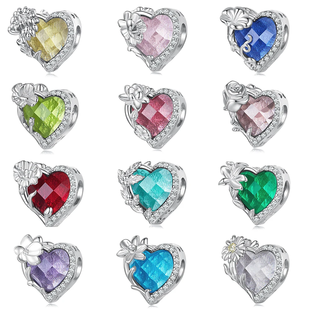 925 Sterling Silver 12 Color Heart Shape Birthstone Pendant Charm Beads Daisy Flower Charms for Women Christmas Gift
