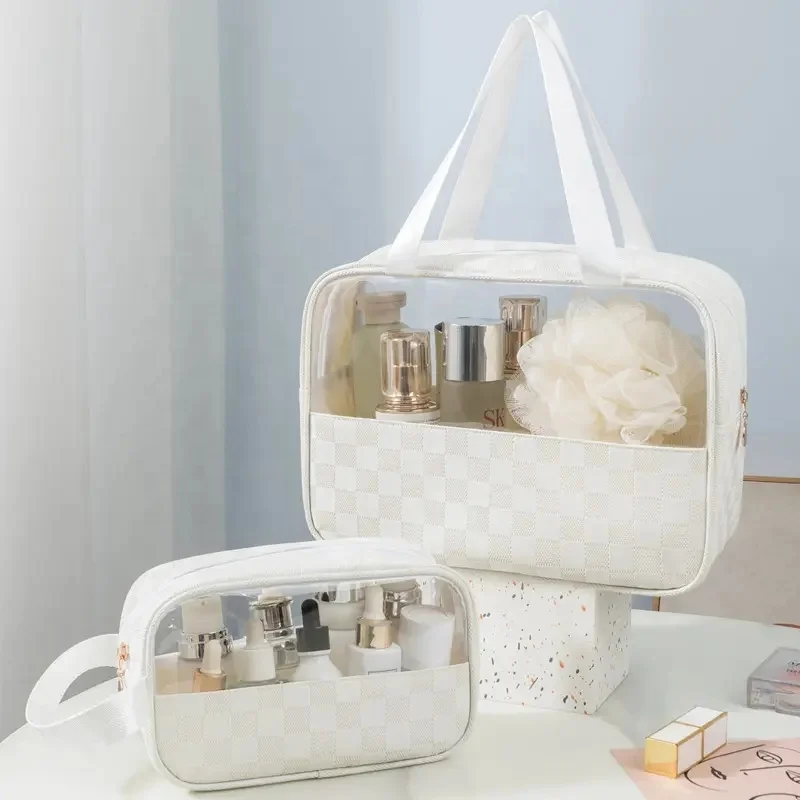 Custom Travel Square PU Cosmetic Bag Clear PVC Storage Wash Organizer Toiletry Bag  Makeup Bag With Handle