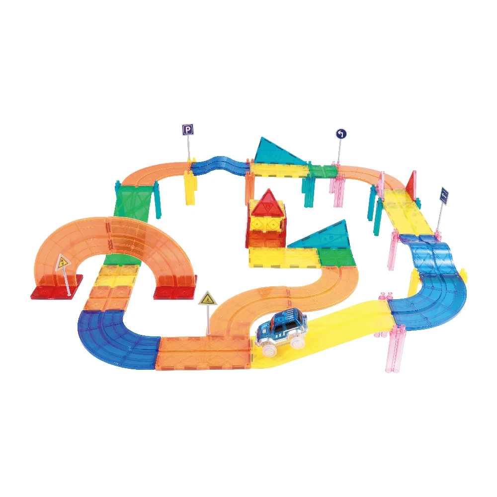 2024 Latest Educational Race Car Track Toys for Kids 55 Pcs Magnet Tiles Guangdong Sets Plastic Toy Soldiers Building Blocks Car