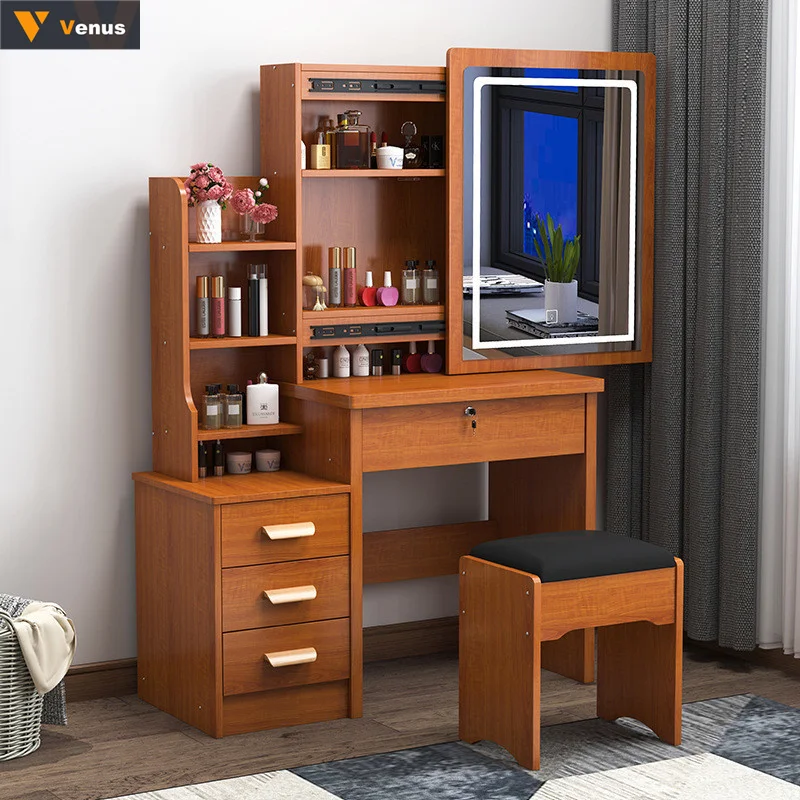 Durable Modern Light Up European Drawers Storage Dressers Nordic White Vanity Makeup Dressing Table With Mirror Lock And Stool
