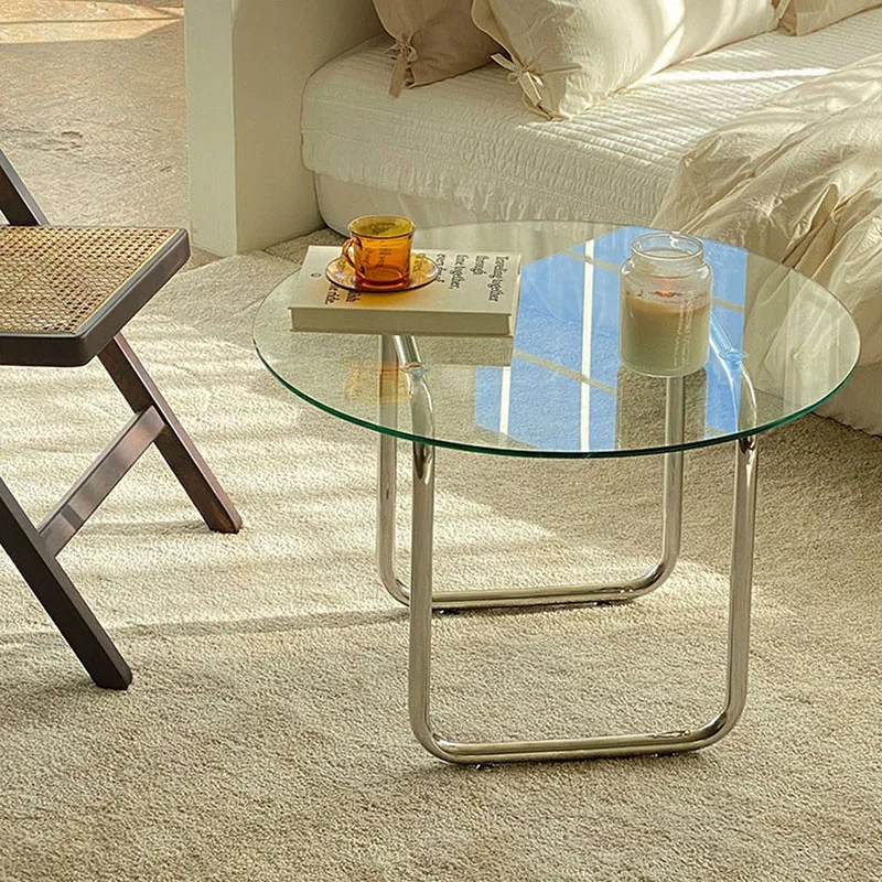 Nordic small round table light luxury sofa living room side table sliver stainless steel round tempered glass coffee table