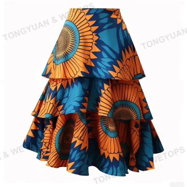 Custom Apparel Hot Selling Multi-Layer Cake Skirt African Wax Print Skirt Kitenge Designs Women Skirt for Ladies