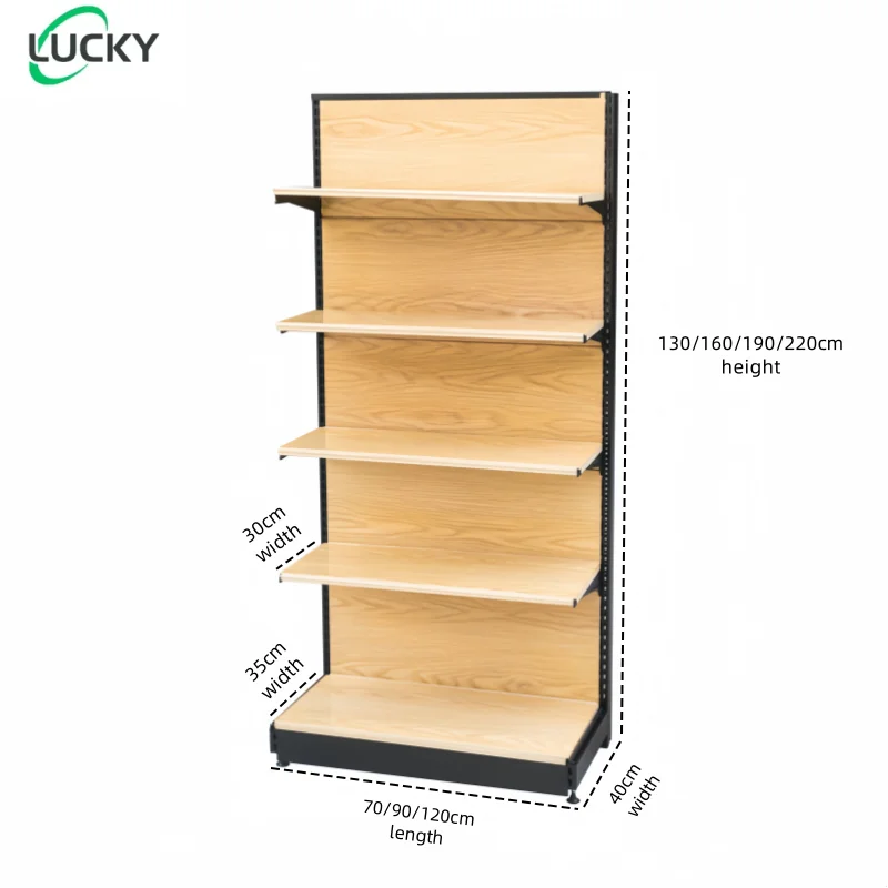 Leke supermarket single sided wood grain shelf five layer convenience store snack multi size storage rack 90,130/160 height