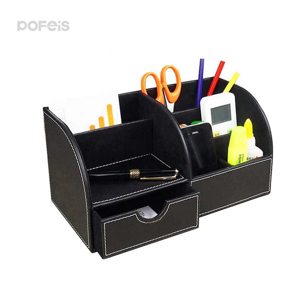 Custom Logo Luxury Hotel  Desk Accessories Organizer Box Wooden PU Leather Accessories Storage Box