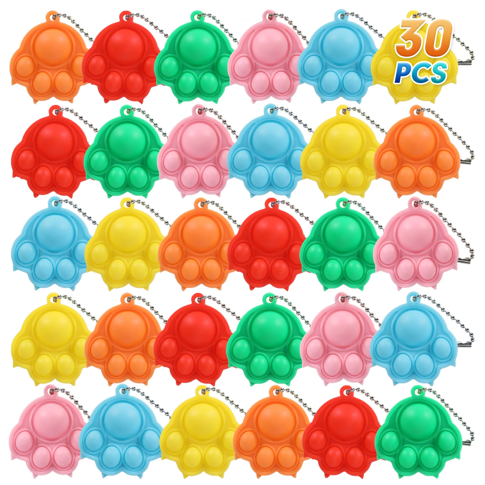 30 PCS Pop Fidget It Keyrings, Mini Silicone Cat Claw Design Pop Sensory Toys, Birthday Class Gifts Party favour for Girls Boys