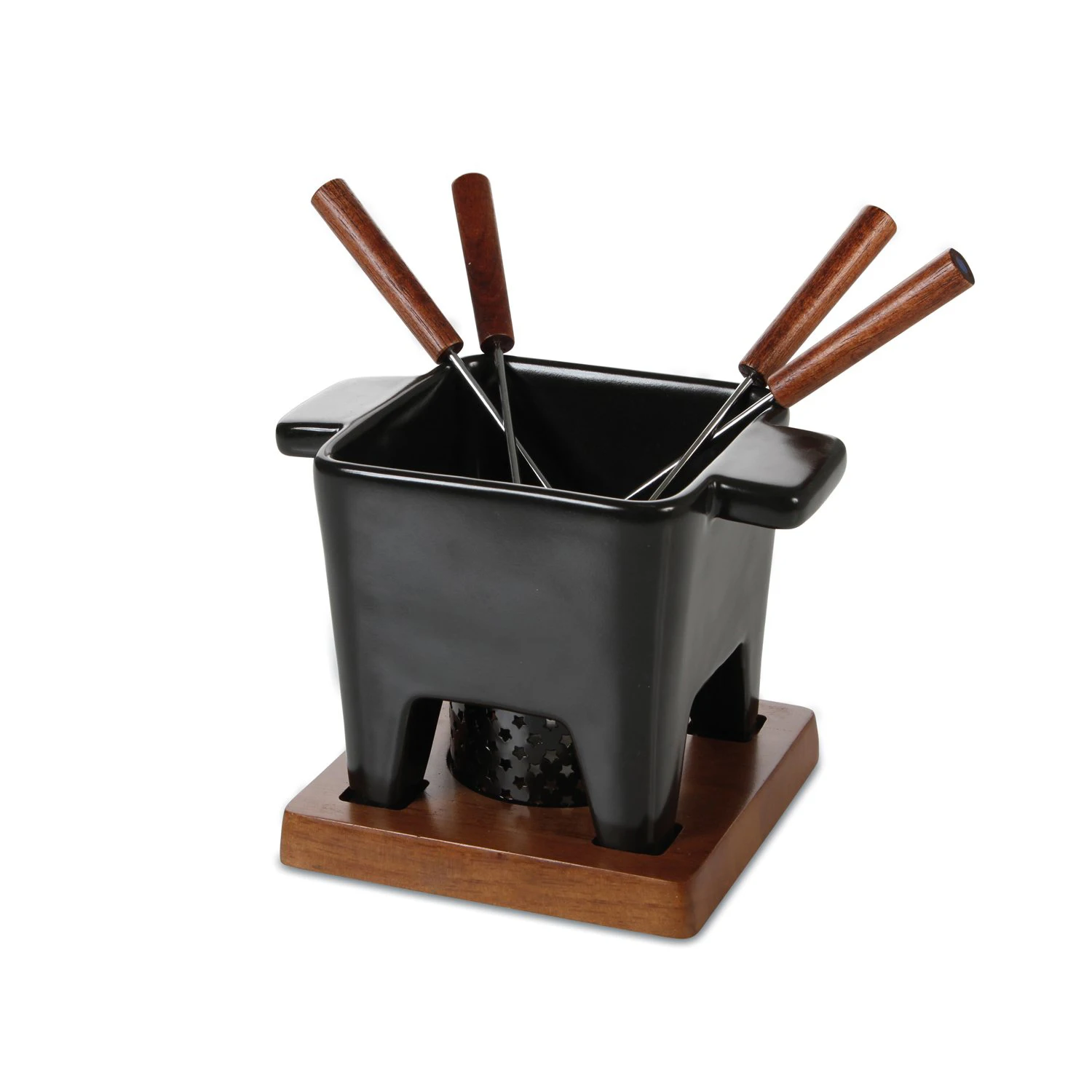 Four Feet Square Cheese Fondue Pot with Wooden Stand
